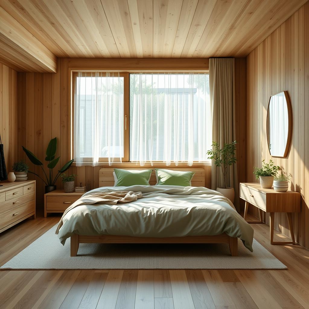 Natural Wooden Bedroom Design with Green Accents