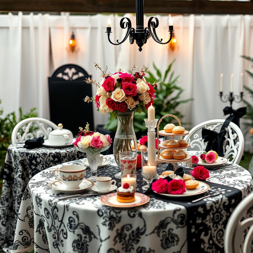 Galentine's day tea party black and white decor